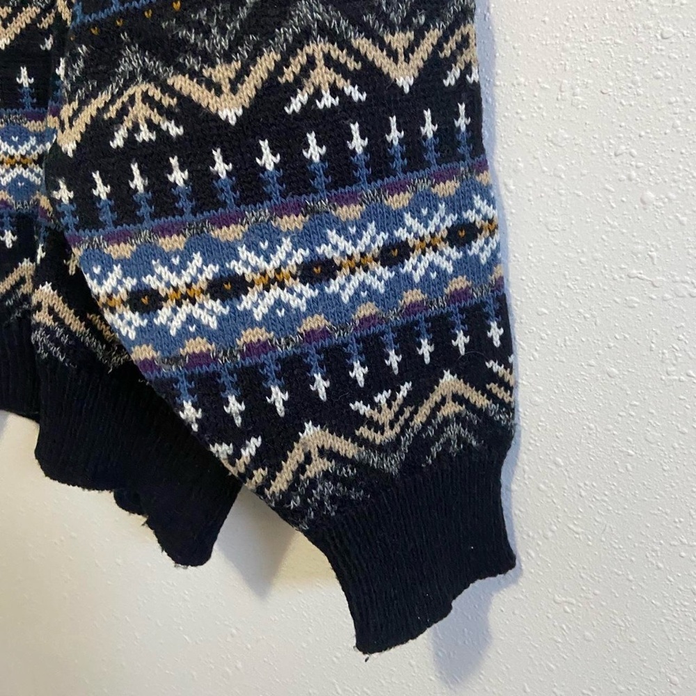 Vintage 90s Atlas Mens Blue Geometric Nordic Fair Isle Knit Crewneck Sweater - Picture 3 of 6